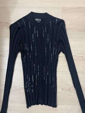 Black Long Sleeve Sequin Ribbed Dress